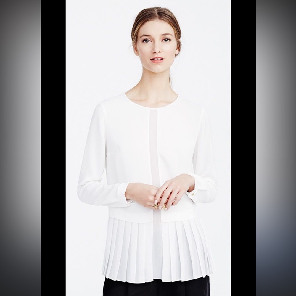 Club Monaco White Pleated Hem Long Sleeve Blouse Top – Elegant Minimalist Shirt